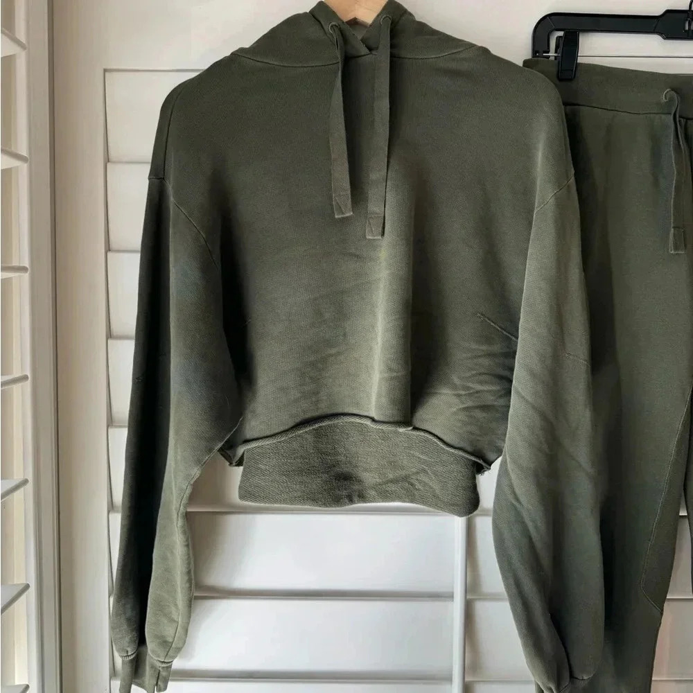 FRAME DENIM EUC Easy Organic Cotton Cropped Hoodie Joggers Set XS Forest Green - Picture 10 of 16